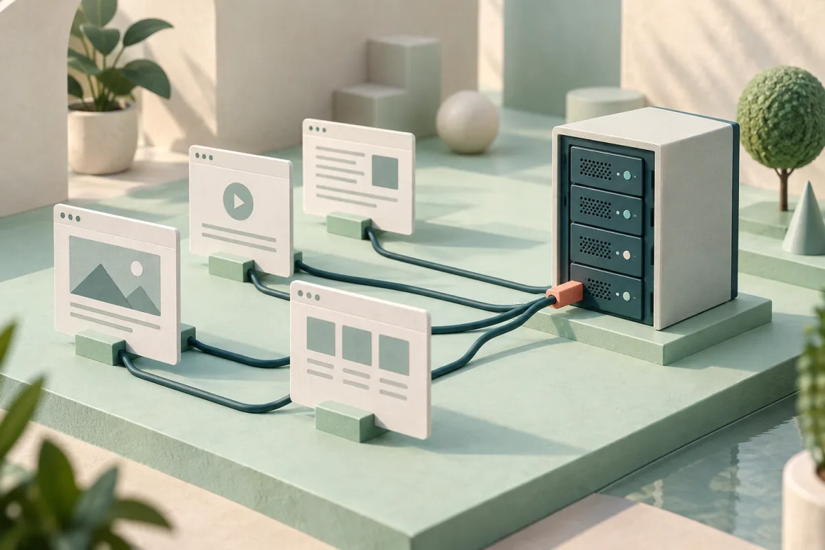 Illustration: Website-Bausteine sind mit einer Serverumgebung verbunden