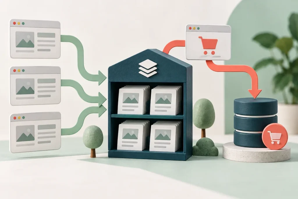 Illustration: Seitenkopien im Cache und ein separater dynamischer Datenbankweg