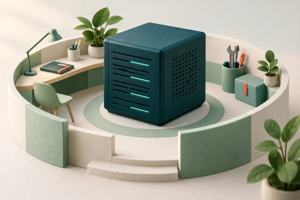 Illustration zu Managed Startup: kompakter Serverrahmen mit Projekt und Sicherungsbox