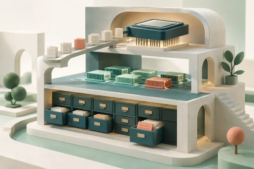 Illustration: Dateispeicher, RAM-Arbeitsfläche und CPU mit wartenden Anfragen