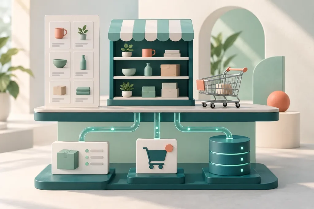 Illustration: Shopkatalog und getrennte dynamische Wege für Warenkorb und Datenbank