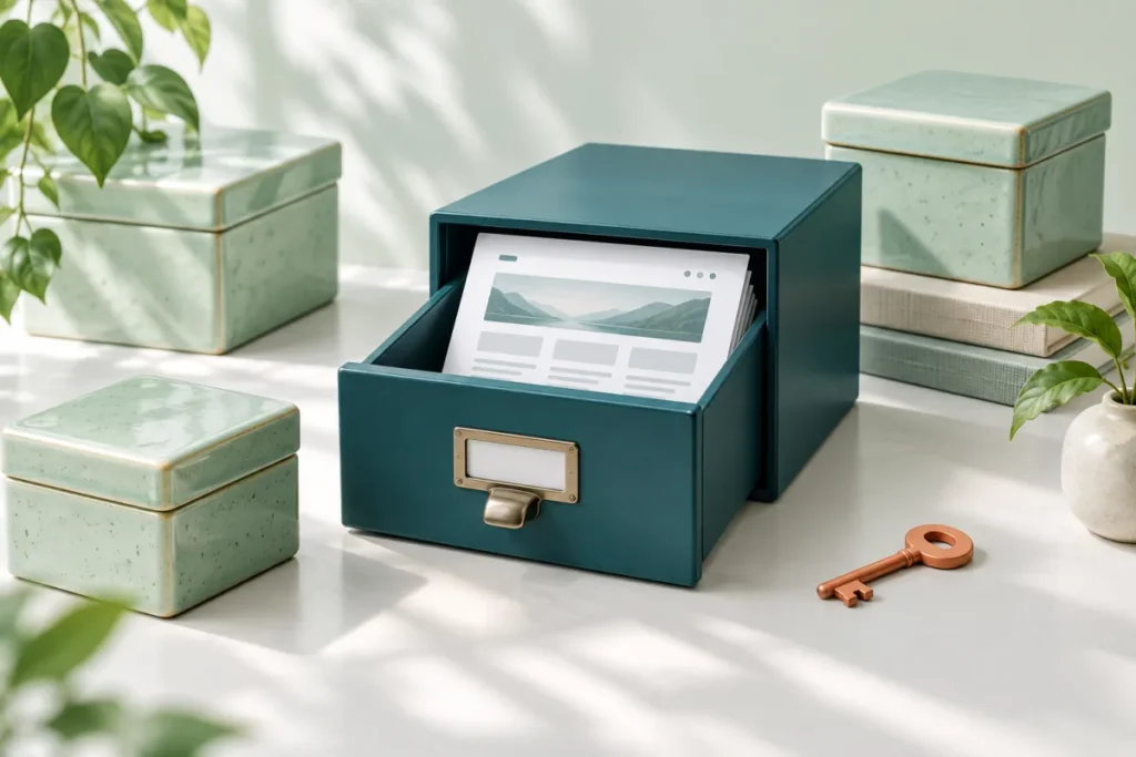 Illustration: getrennte Archivboxen und eine wiederhergestellte Website